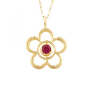 Ruby birthstone flower pendant yellow gold