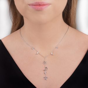 Silver 3D moon star necklace