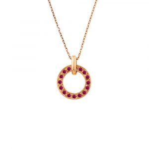 Rose gold ruby pendant with a distinctive circle design for the perfect accessory and a stunning gift. 16 rich rubies set into 9ct rose gold hanging from an adjustable gold chain. 