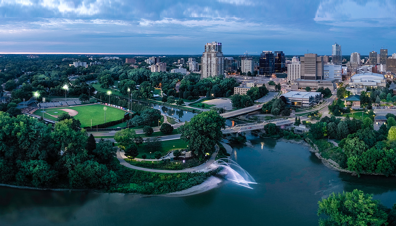 A skyline view of downtown London, Ontario in the summer