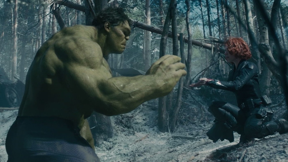 Mark Ruffalo as the Hulk and Scarlett Johansson as Natasha Romanoff in Avengers: Age of Ultron