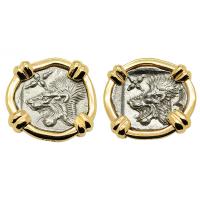 Greek 450-400 BC, Lion and boar hemiobols in 14k gold earrings.