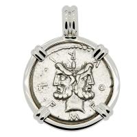 Roman Republic 120 BC, Janus and Roma denarius in 14k white gold pendant.