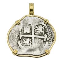 Colonial Spanish Peru, King Charles II one real dated 1684 in 14k gold pendant.