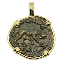 Roman Empire AD 250-268, She-Wolf Suckling Twins and Tyche coin in 14k gold pendant. 