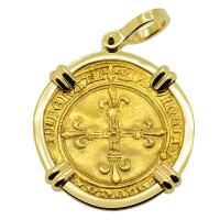 French 1483-1498, Charles VIII ecu d'or au soleil in 18k gold pendant.