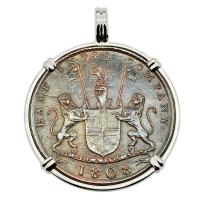 British 10 cash dated 1808 in 14k white gold pendant, 1809 British East Indiaman Shipwreck.