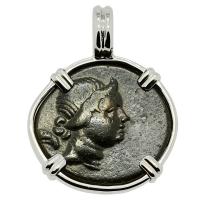 Greek 125-100 BC, Nike and quiver with bow bronze coin in 14k white gold pendant.