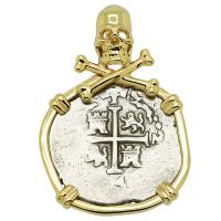 Colonial Spanish Peru, King Charles II one real dated 1694 in 14k gold Skull and Bones pendant.