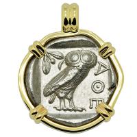 Greek 454-404 BC, Owl and Athena tetradrachm in 14k gold pendant.