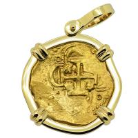 Spanish 2 escudos Doubloon 1598-1613 in 14k gold pendant.