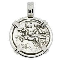 Roman Republic 104 BC, Victory chariot and Roma denarius in 14k white gold pendant. 