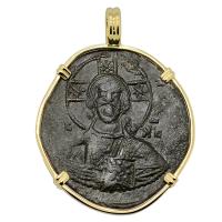 Byzantine 976-1025, bronze follis in 14k gold pendant.