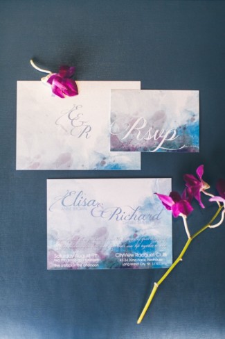 Water color blue mauve and white wedding invitations and rsvp by Designed with Amore