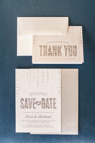 White save-the-date with glitter writing by Designed with Amore