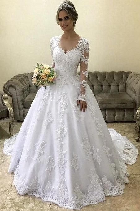 Lace Long-sleeves Winter Wedding Dress with Illusion Neckline –  loveangeldress