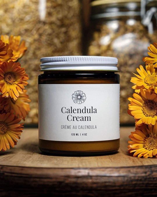 A jar of calendula cream with calendula flowers