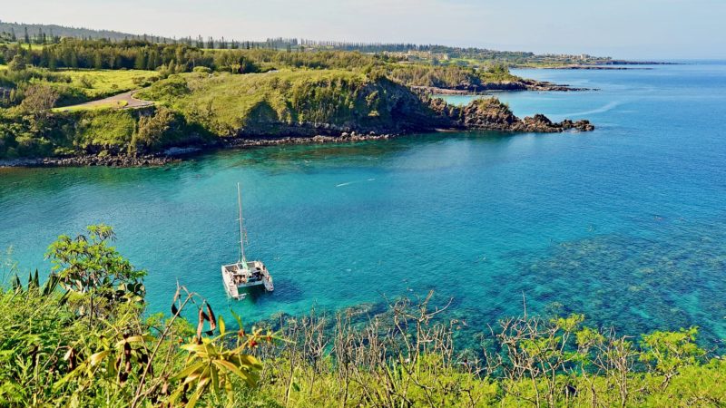 Snorkelers and a catamaran in Honolua Bay