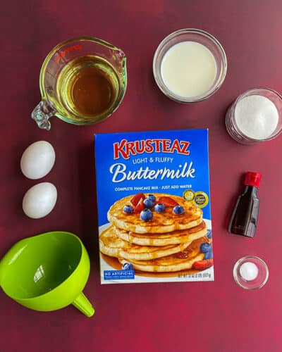 box of krusteax pancake mix and ingredients