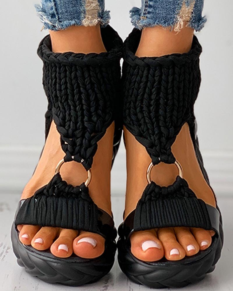 Braided Knit O-Ring Cutout Platform Sandals