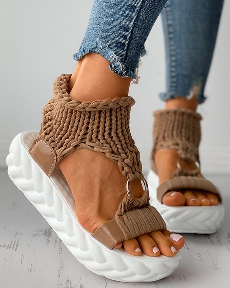 Braided Knit O-Ring Cutout Platform Sandals