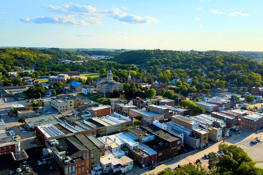 an aerial view of Decorah, Iowa