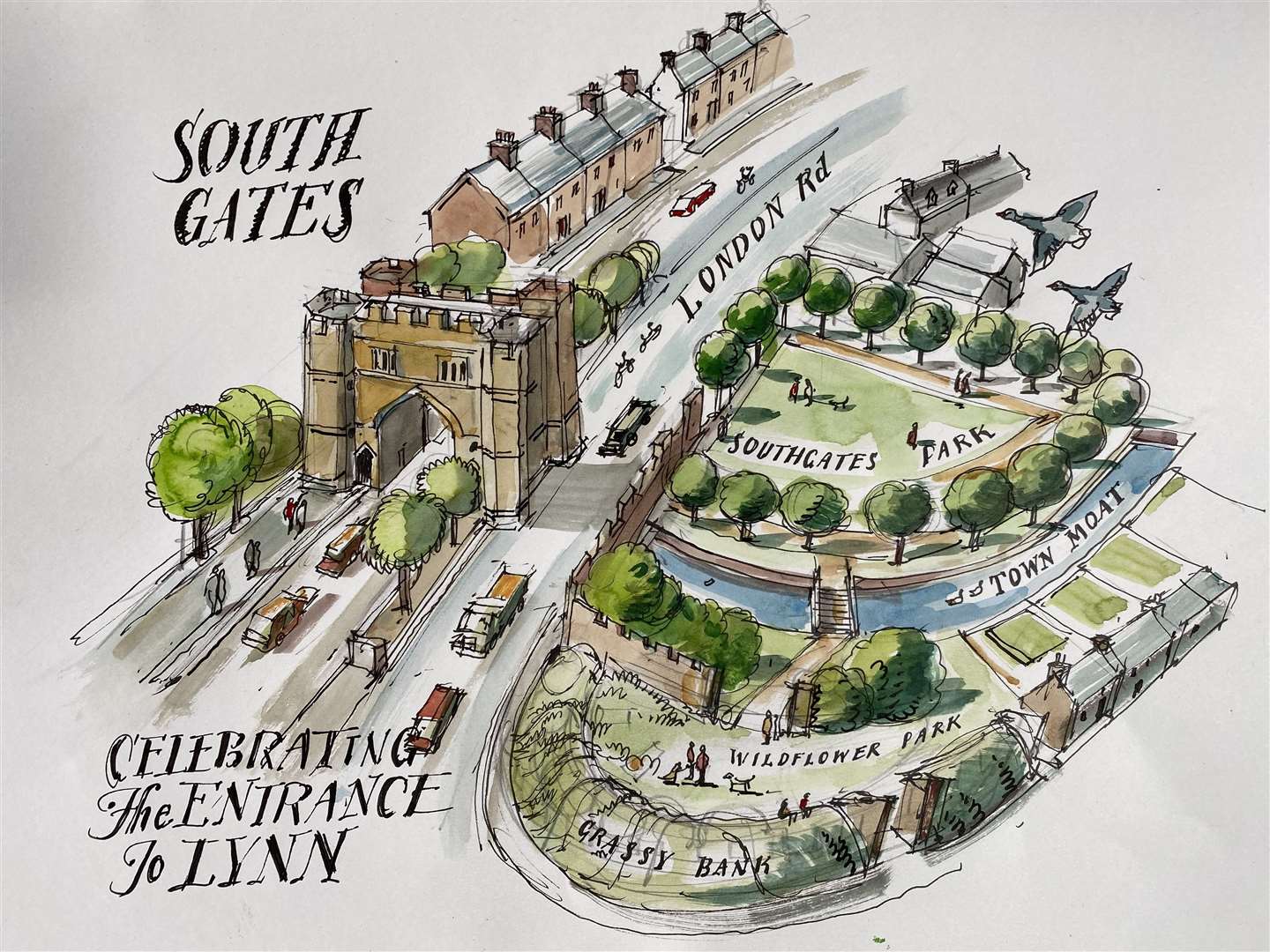 An alternative scheme for the Southgates drawn by illustrator, designer and architectural expertMatthew Rice the author of Building Norfolk: (40831687)