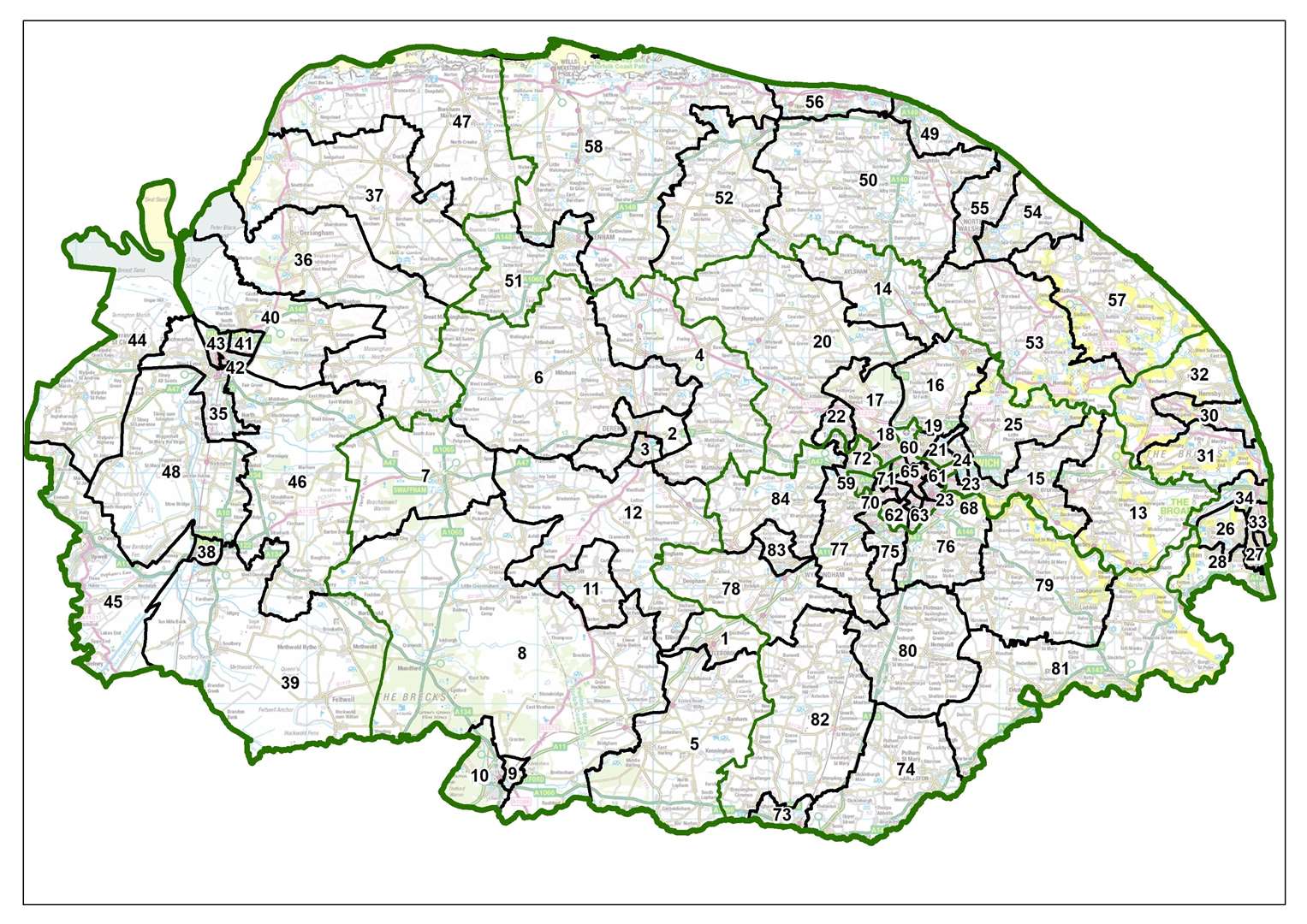 Changes to boundaries in Norfolk proposed by Boundary Commision. Copyright: Ordnance Survey (47056237)