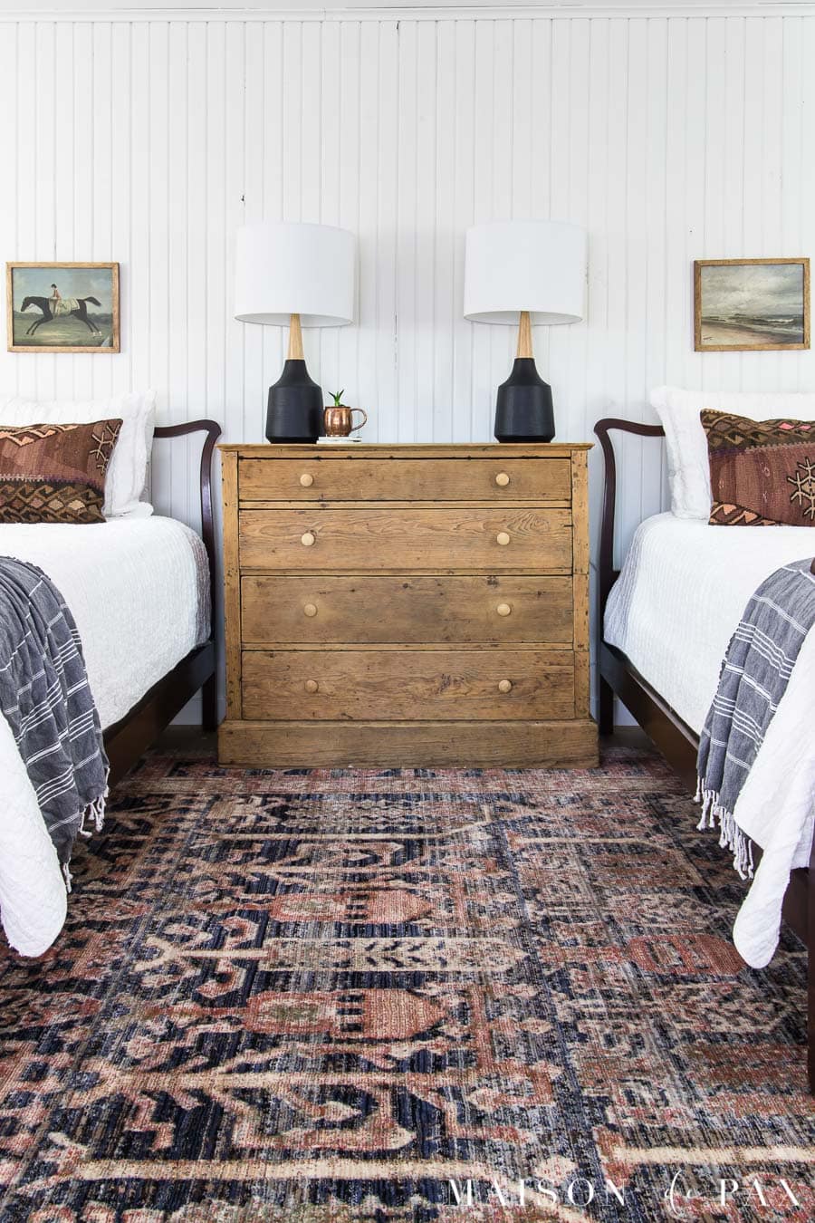 natural wood dresser as nightstand