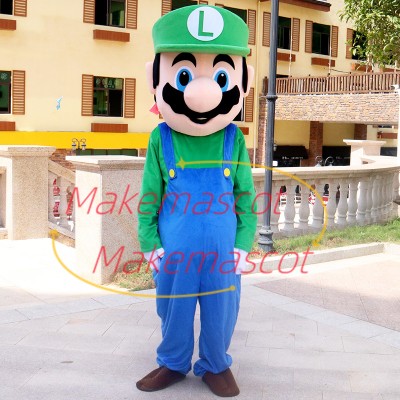 Bearded Luigi Mario In Green Outfit Cartoon Mascot Costume