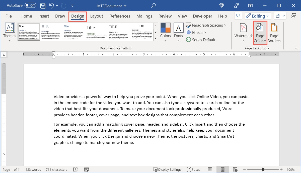 Page Color on the Design tab in Word