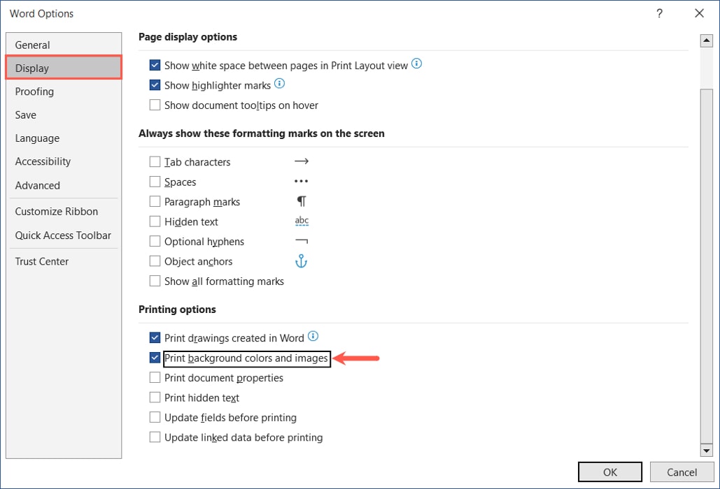 Print Background setting in the Word File Options 