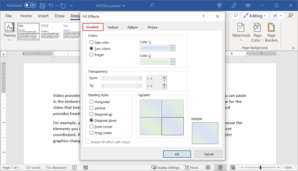 Gradient tab in the Fill Effects box