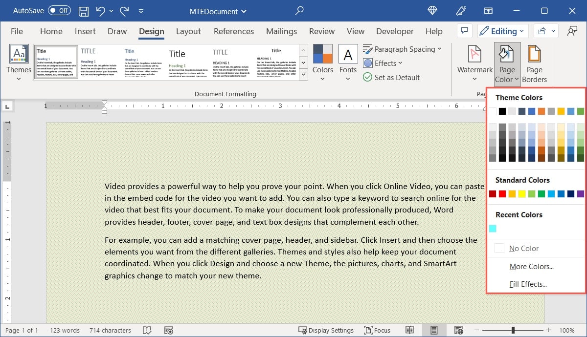 Page Color menu to change a background in Word