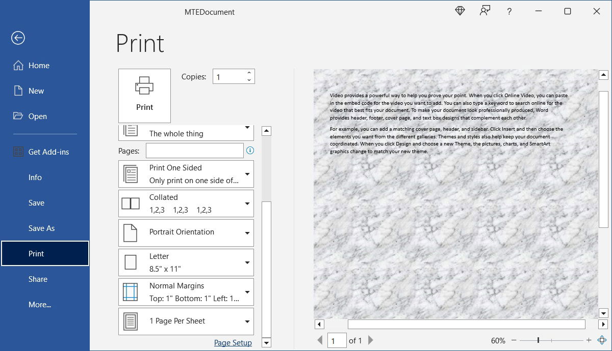 Print preview with a background in Word