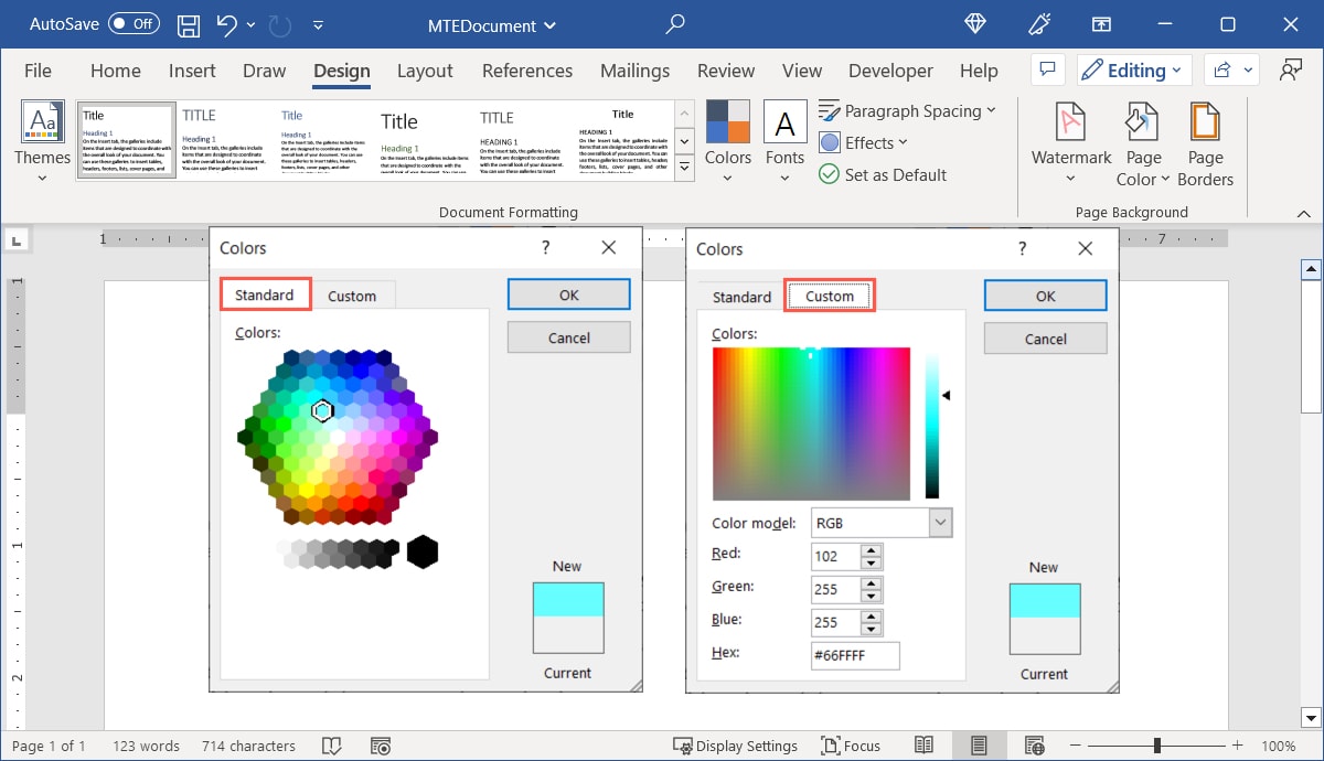 Standard and Custom colors in Word