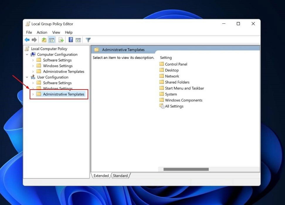 Clicking on "Administrative Templates" option in Group Policy Editor. 