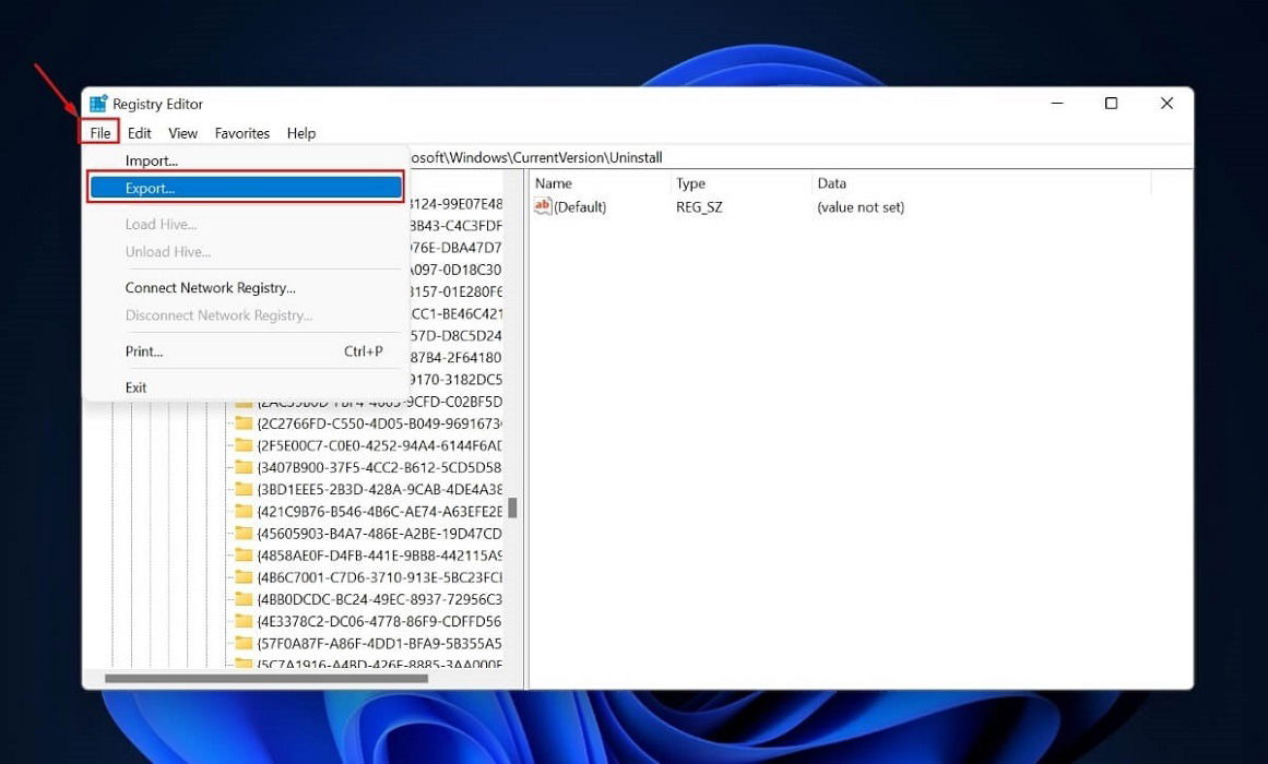 Navigating to "File" and then "Export" in Registry Editor.