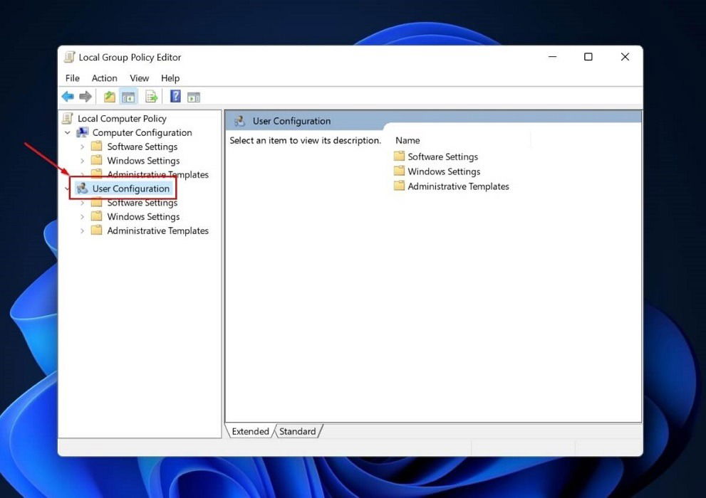 Clicking on "User Configuration" in Group Policy Editor.