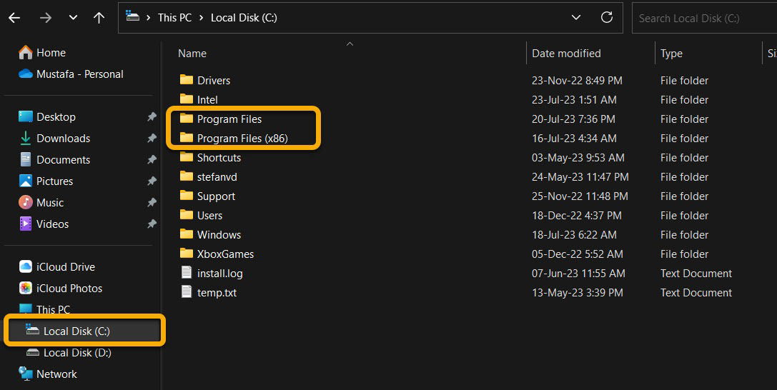 Program Files folders in "C:\" drive.
