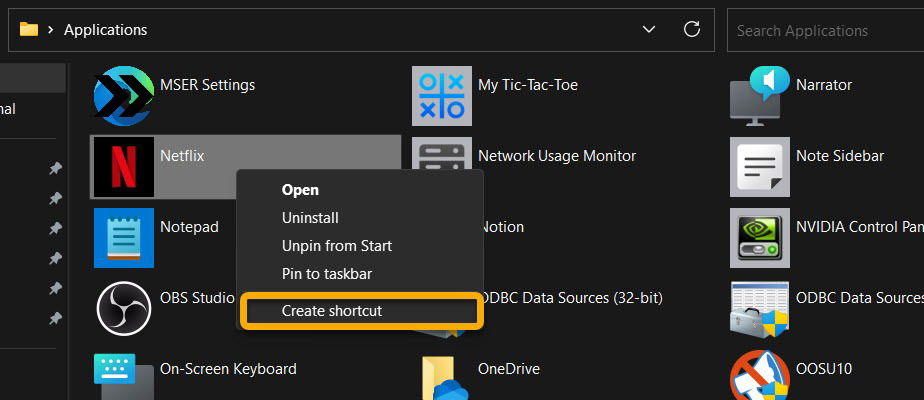 Clicking on "Create shortcut" option from context menu for Microsoft app. 