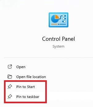 Select whether to pin a Control Panel icon to the Start menu or Taskbar.