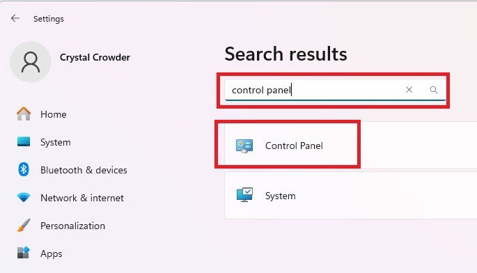 Searching for control panel in Windows settings.