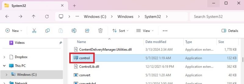 Locating the control executable in System32 folder in Windows.