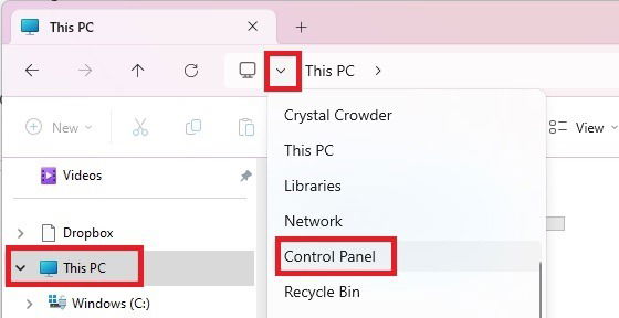 Accessing Control Panel from File Explorer