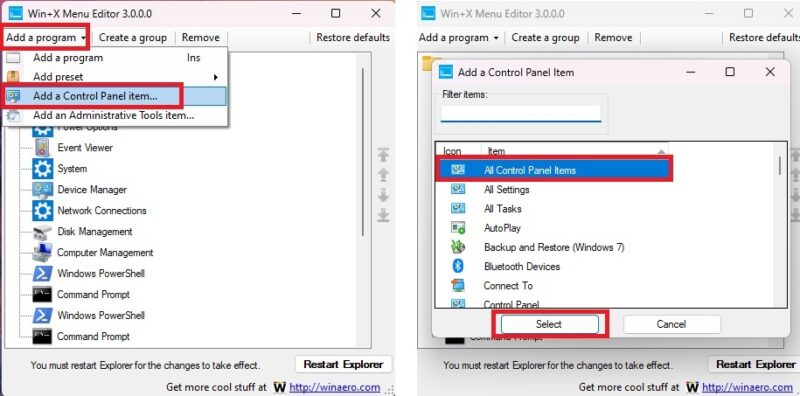 Using WinX to add Control Panel to Power User menu.