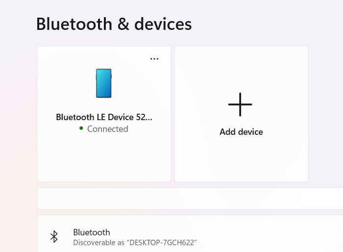 Connected Bluetooth phone pairing to Windows shown on Bluetooth section.