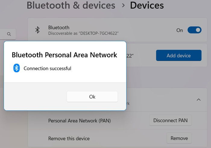 Windows device connected to Android phone using Access Point-PAN method.