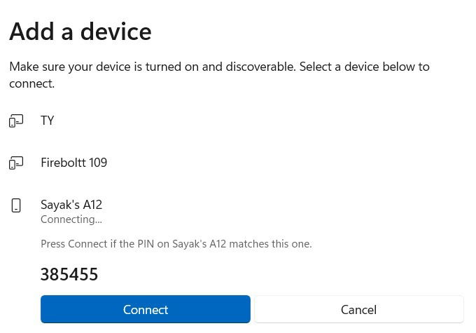 Connecting a phone on Windows via a pairing PIN using "Connect" button.