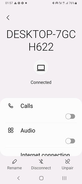 Checking Bluetooth "Connected" status for Windows device on an Android phone.